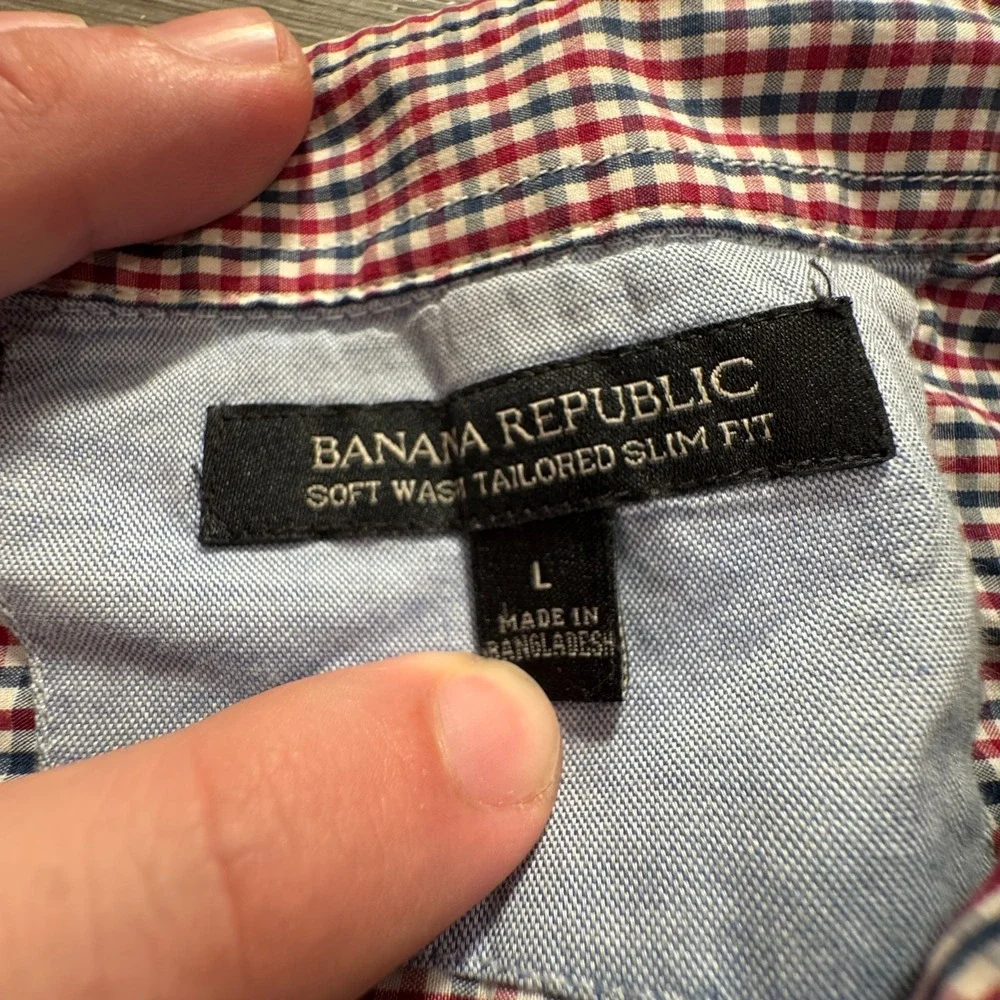 Banana Republic Shirt Mens L Red Cotton Tailored Slim Fit Gingham Preppy Classic